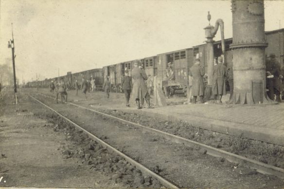 [Photograph, © South Lanarkshire Council Museums Service, from first album in Capt Rose collection 2008.142.011 with caption "Busigny station one of the immense French trains which carry a whole Regt with luggage."]